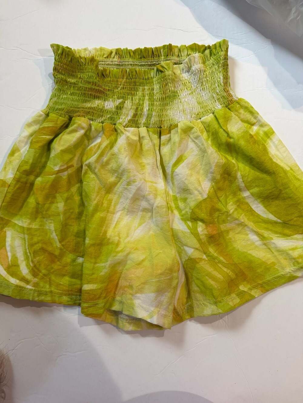 BCBGeneration Smocked Waist Shorts in Lime Green Abstract Swirl Print